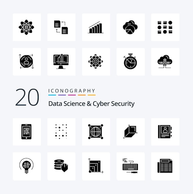 Free Vector 20 data science and cyber security solid glyph icon pack like phone cuboid scince box scince