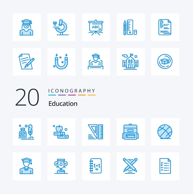 Free Vector 20 education blue color icon pack like microscope woman education graduation cap