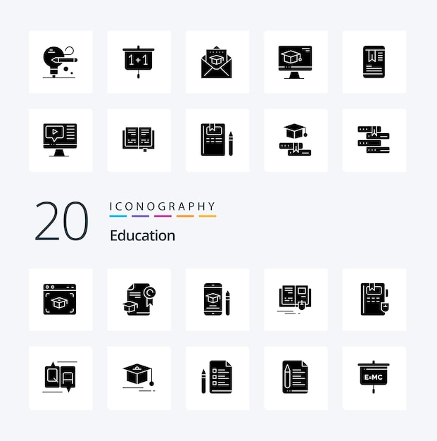 Free Vector 20 education solid glyph icon pack like bulb knowledge cap education pencil