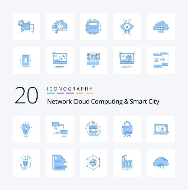 Free vector 20 network cloud computing and smart city blue color icon pack like lock security sync transport smart