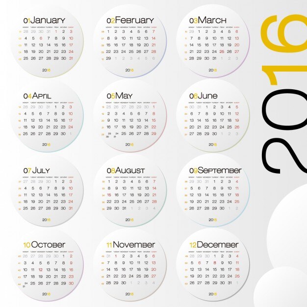 2016 calendar with circles