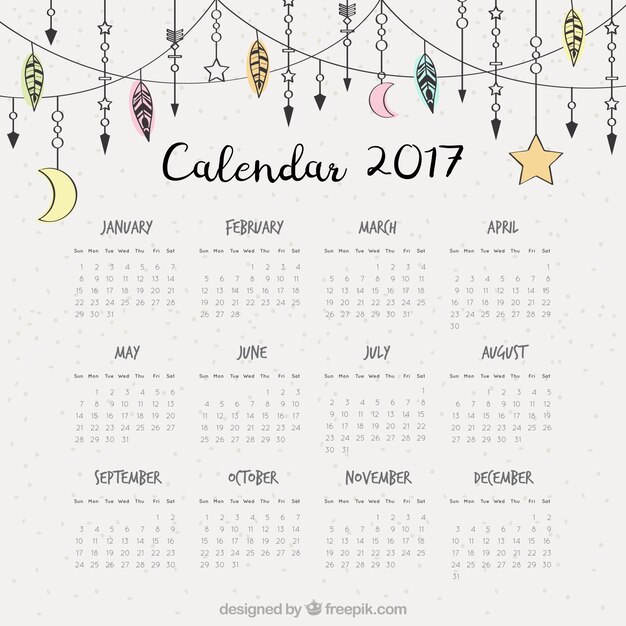 2017 calendar with hand-drawn boho ornaments