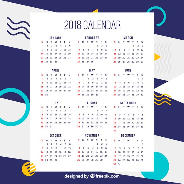 2018 calendar with geometric shapes