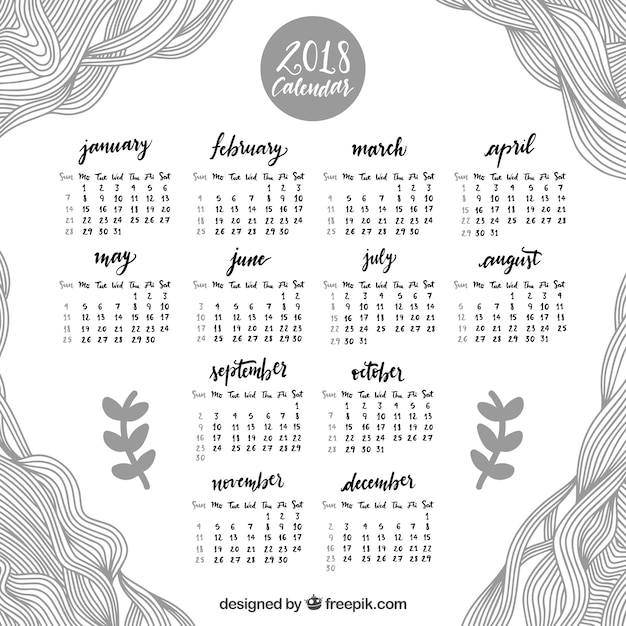 2018 calendar with hand drawn lines