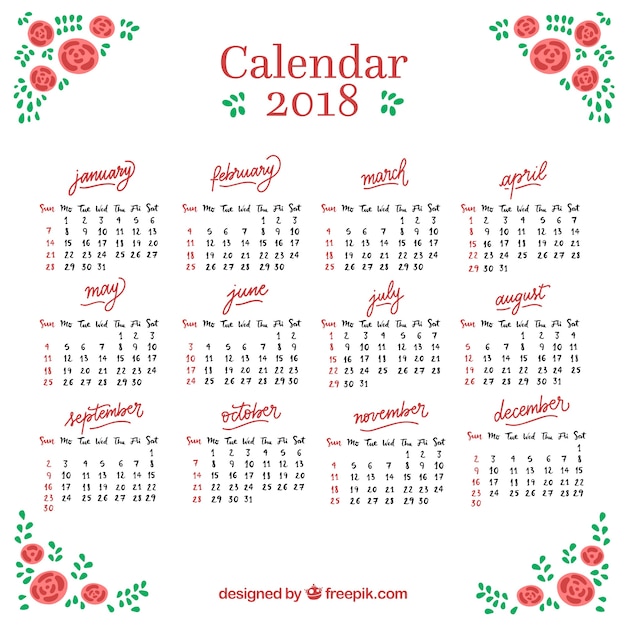 2018 calendar with hand drawn roses