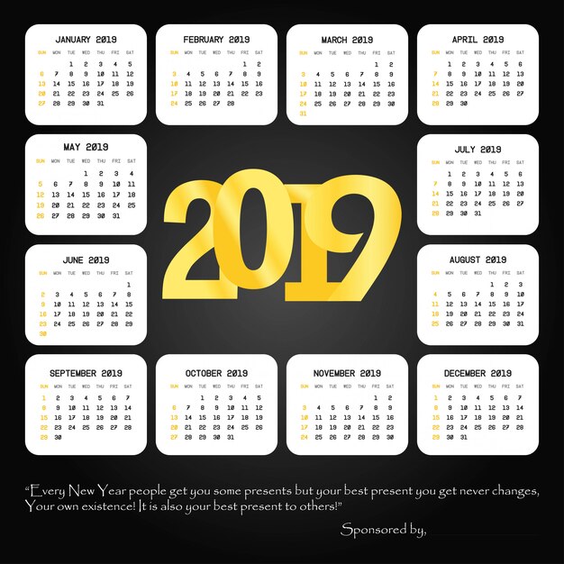 2019 calendar design with black background vector