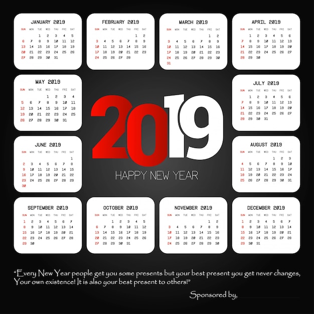 2019 calendar design with black background vector