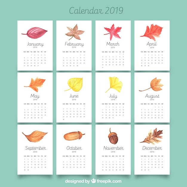 Free Vector 2019 calendar with autumn leaves