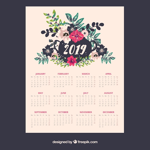 Free Vector 2019 calendar with floral elements