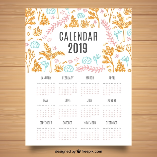 2019 calendar with floral elements