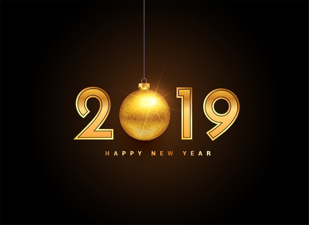 Free vector 2019 golden new year lettering with christmas ball