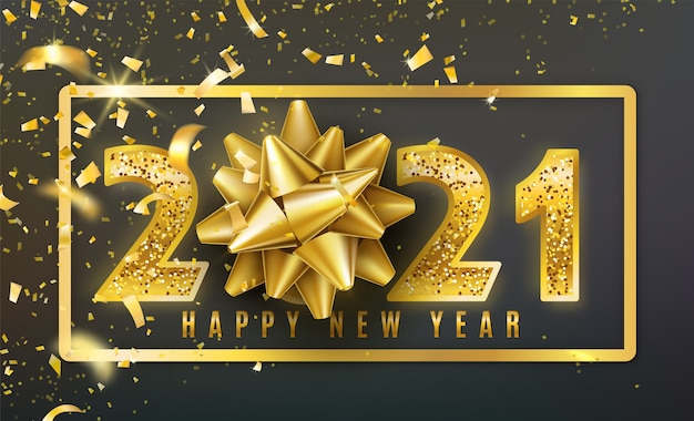 2021 Happy New Year  background with golden gift bow, confetti, shiny glitter gold numbers