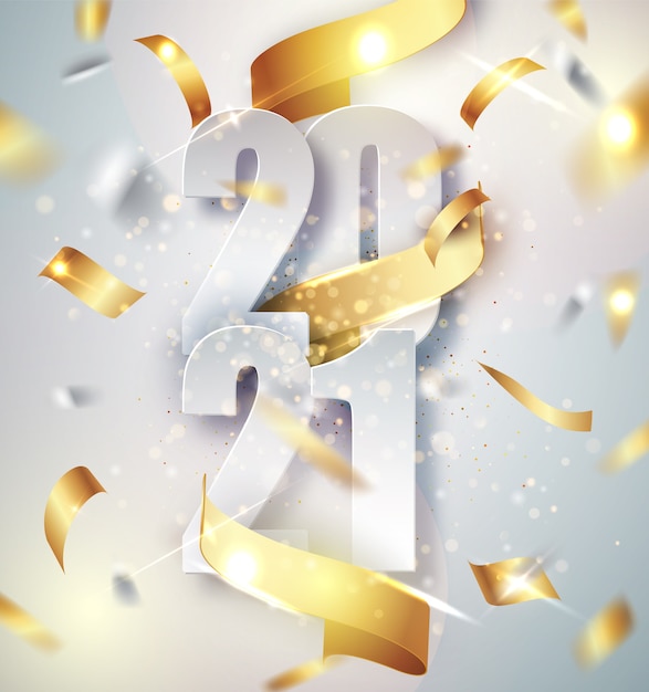 2021 Happy New Year elegant vector background with golden gift ribbon, confetti, white numbers