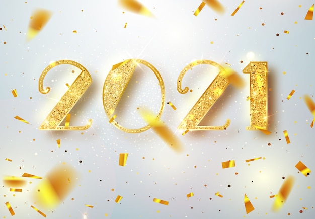 2021 Happy new year. Gold Numbers Design of greeting card of Falling Shiny Confetti. Gold Shining Pattern. Happy New Year Banner with 2021 Numbers on Bright Background. illustration.