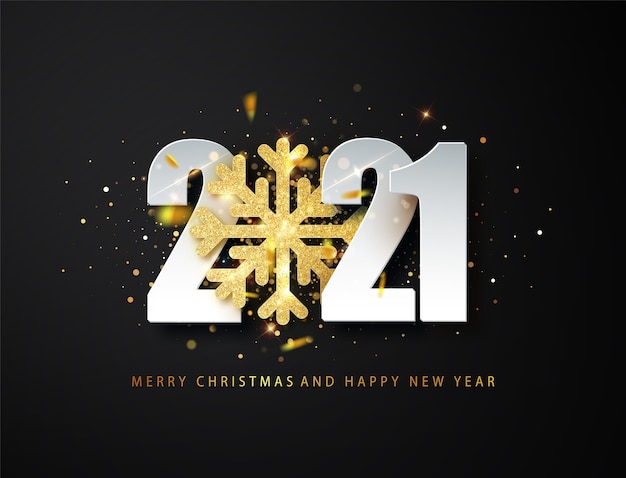 2021 Happy New Year greeting background with golden glitter snowflake and white numbers on black background.