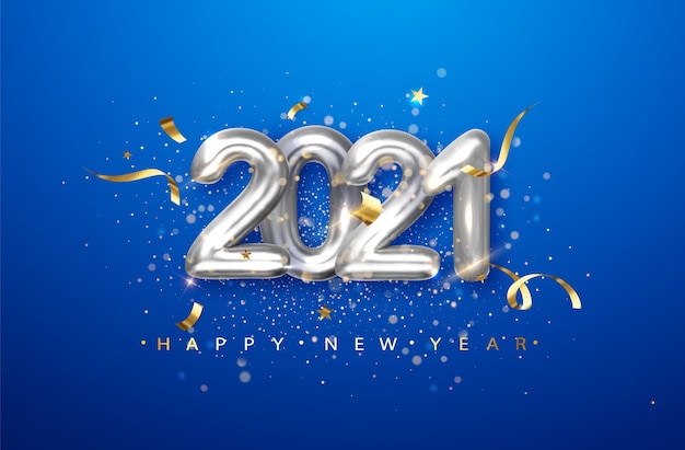 2021 silver metal numerals on a blue background. Holiday illustration with date 2021