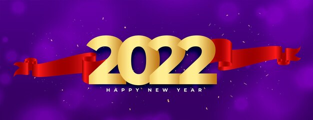 2022 golden text new year banner with realistic red ribbon