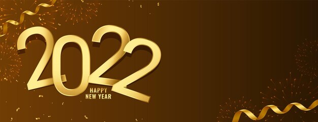 2022 golden text new year banner with ribbon and glitter