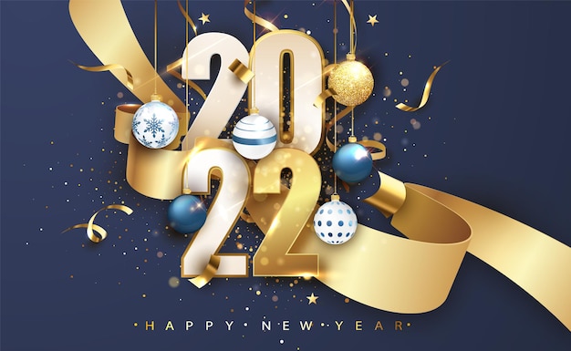 2022 Happy new year. Blue festive background with gift bow and glitter. Happy New Year Banner for greeting card, calendar.