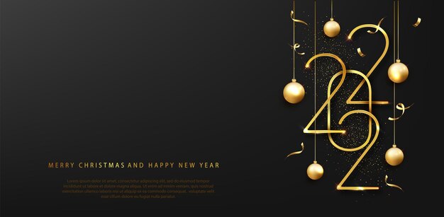 2022 Happy new year. Happy New Year Banner with Golden metallic numbers date 2022. Dark luxury background. Vector illustration.