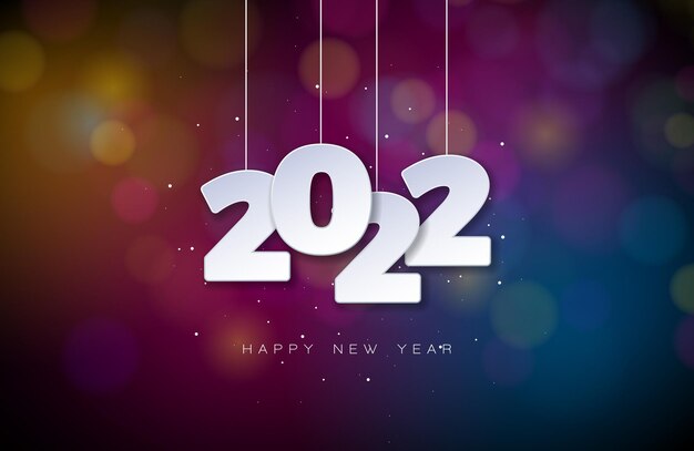 2022 Happy New Year Illustration with White Cutout Number on Colorful Shiny Background