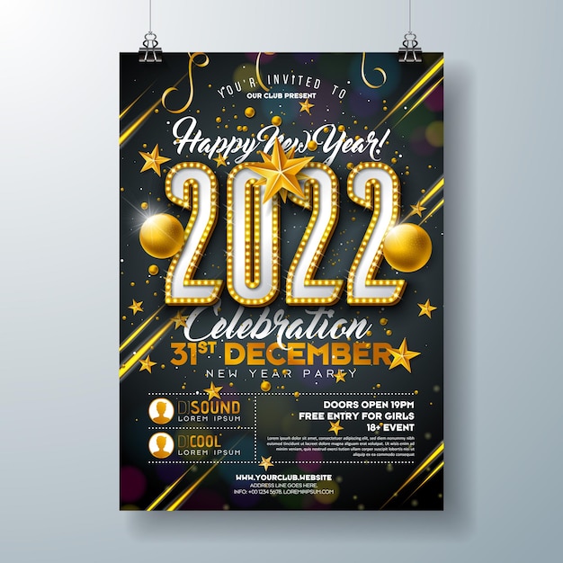 2022 New Year Party Celebration Poster Template with Lights Bulb Number and Gold Christmas Ball