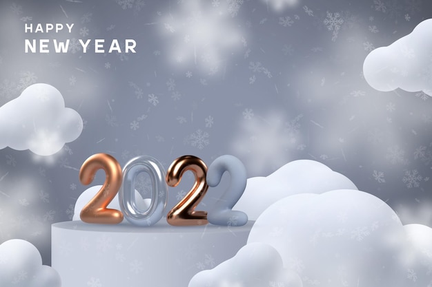 Free Vector 2022 new year sign. 3d metallic golden or copper with blue numbers standing on the podium in clouds and snowflakes. vector illustration.