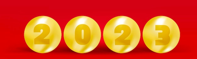 2023 Happy New Year. Golden metal number in gold bubble, Christmas decoration.