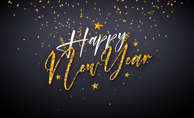 2023 Happy New Year Illustration with Shiny Gold Glittered Handwrited Letter and Falling Confetti