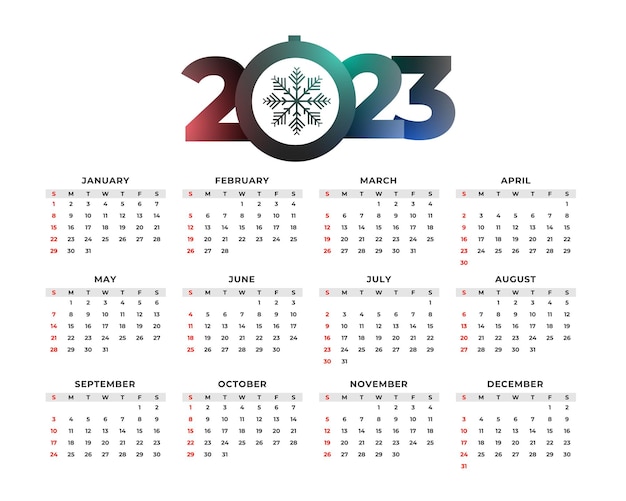 2023 new year simple calendar with snowflake design