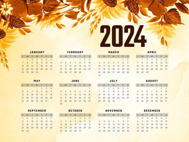 Free Vector 2024 new year decorative flowers calendar design vector