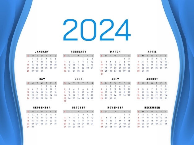 Free Vector 2024 new year modern blue wavy calendar design vector