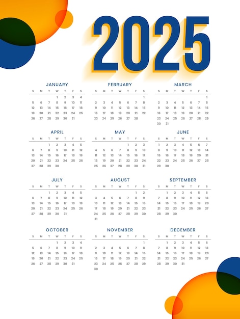 2025 new year english calendar template in modern style