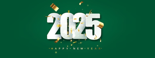 2025 New Year greeting card on green background Festive illustration with confetti and sparkles