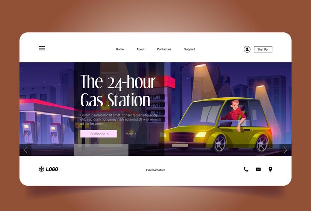 24 hour gas station banner Vector landing page of all day and night open fuel filling station Cartoon illustration of man driver in car and oil pump on city street