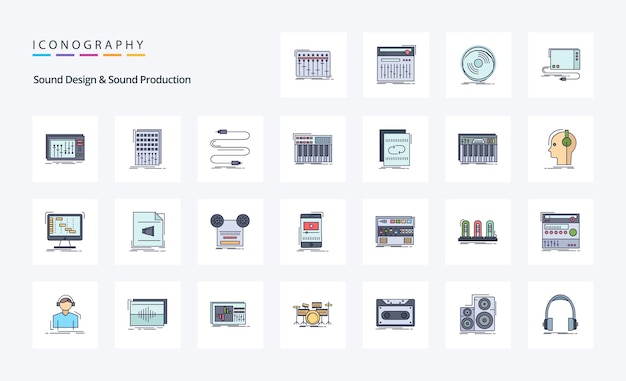 Free Vector 25 sound design and sound production line filled style icon pack vector iconography illustration