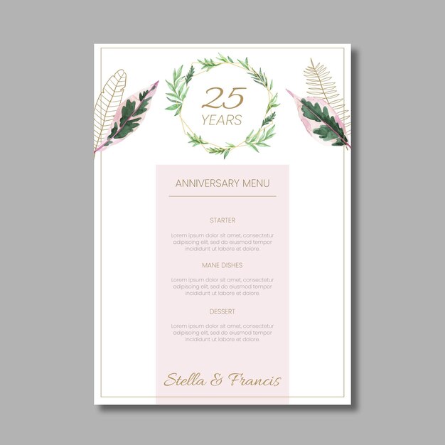 25 years anniversary floral menu template