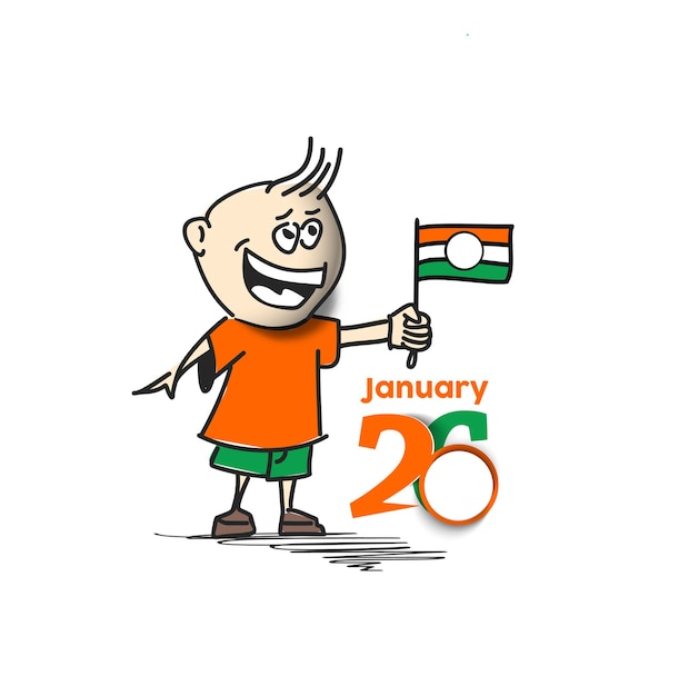 26 january Republic day concept a boy with hand holding indian flag. Cartoon Vector background.