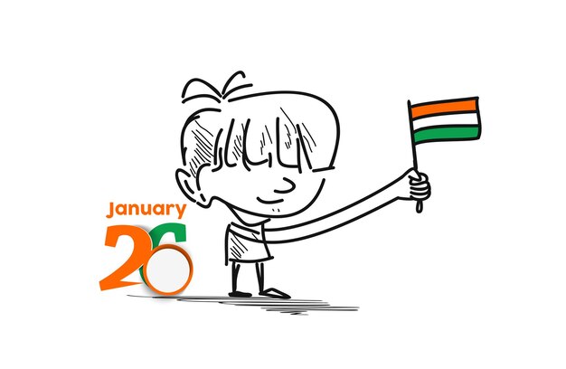 26 january Republic day concept a boy with hand holding indian flag. Cartoon Vector background.