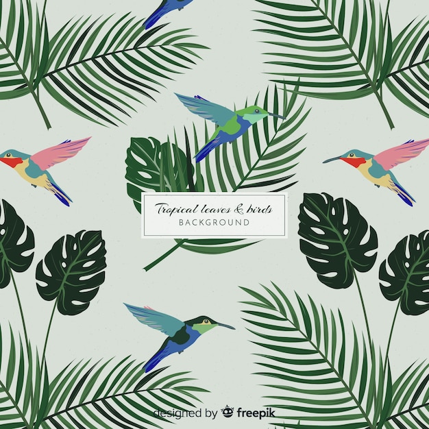 Free vector 2d tropical leaves and birds background