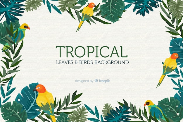 Free vector 2d tropical leaves and birds background