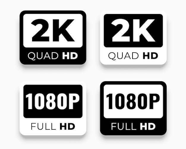 Free Vector 2k quad and 1080 full hd screen resolution pixel tag icon