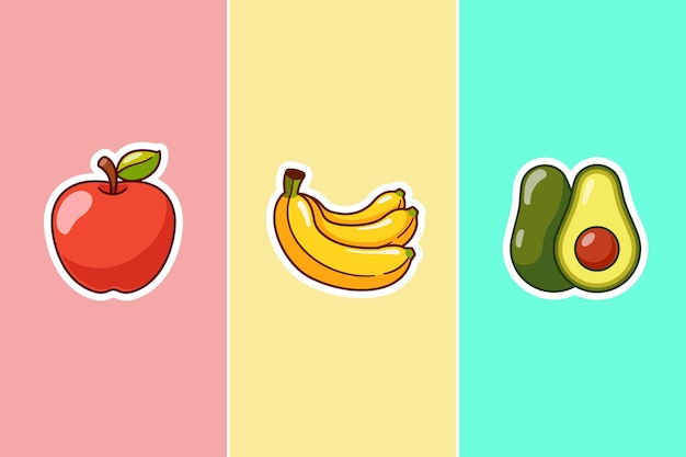 Free vector 3 fruit sticker apple banana and avocado cartoon vector icon illustration food nature isolated flat