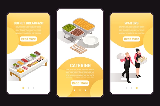 Free vector 3 mobile screen banners with buffet and waiters illustration