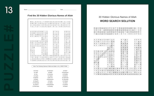 Free Vector 30 hidden glorious names of allah word search islamic design with solution vector illustration