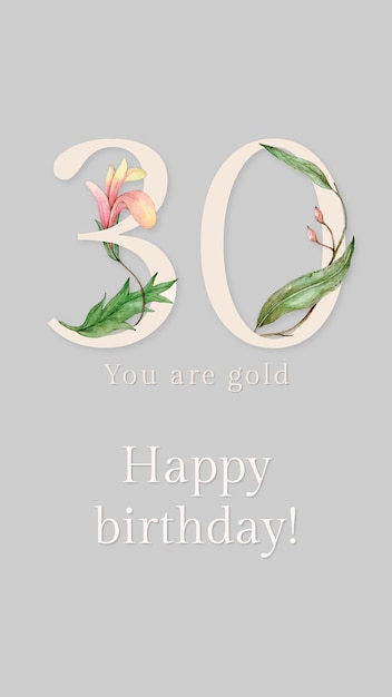 30th birthday greeting template with floral number illustration