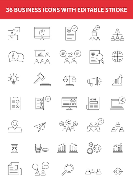 36 business icons with editable stroke