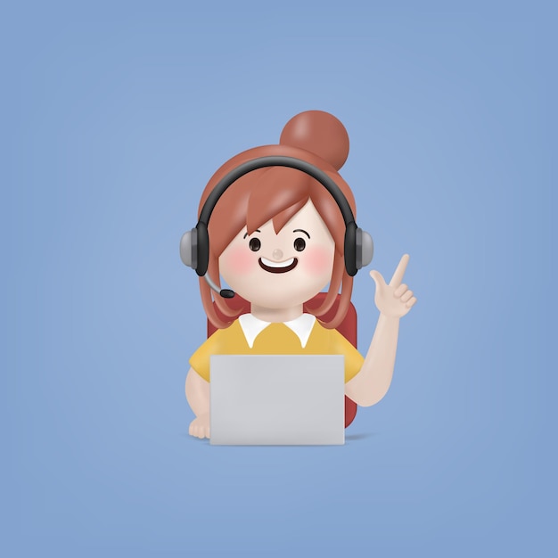 Free Vector 3d cartoon character young woman in call center or customer service using a laptop