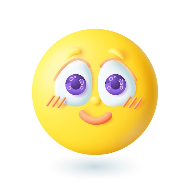 Free vector 3d cartoon style cute smiling emoticon icon. pretty shy yellow face on white background flat vector illustration. emotion, expression, feeling, happiness, joy concept