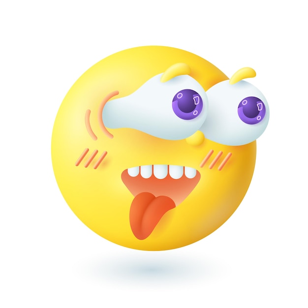 Free Vector 3d cartoon style emoticon with googling eyes icon. curious or surprised yellow face with blush putting tongue out flat vector illustration. emotion, expression concept